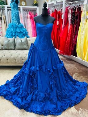 Strapless Royal Blue Ruffled Ball Gown